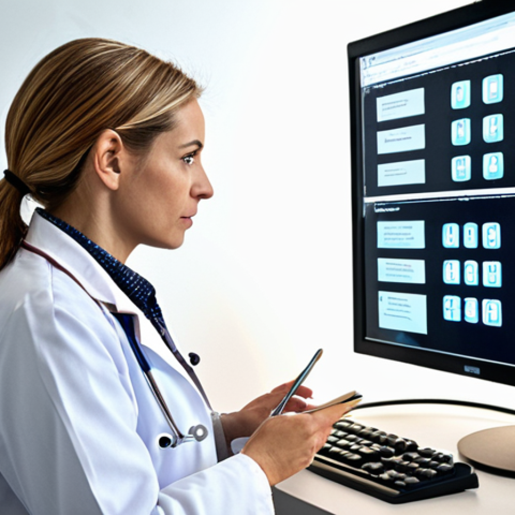 **A modern doctor's office in Rotterdam, Netherlands. A female doctor is dictating notes into a speech recognition system. The system displays the text on a large monitor nearby. Focus on the technology and efficiency of the scene.**
