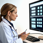 **A modern doctor's office in Rotterdam, Netherlands. A female doctor is dictating notes into a speech recognition system. The system displays the text on a large monitor nearby. Focus on the technology and efficiency of the scene.**