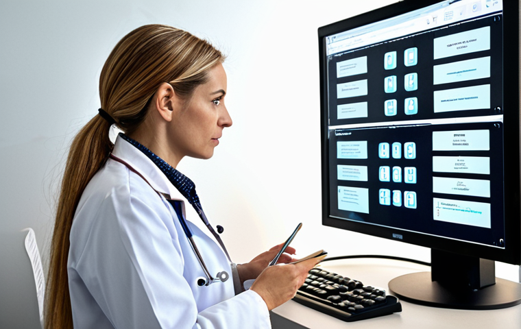 **A modern doctor's office in Rotterdam, Netherlands. A female doctor is dictating notes into a speech recognition system. The system displays the text on a large monitor nearby. Focus on the technology and efficiency of the scene.**