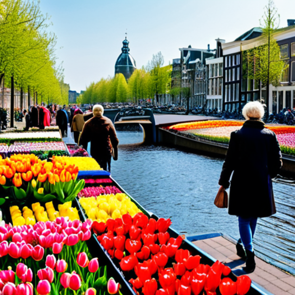 **
A vibrant, colorful photograph of a flower market in Amsterdam. Tulips of all colors are prominently displayed. In the background, you can see the canals and traditional Dutch houses. People are browsing the flowers, dressed in modern, casual clothing. The overall feeling is cheerful and lively. Appropriate attire, safe for work, perfect anatomy, natural proportions, professional photography, high quality, bright daylight.
**