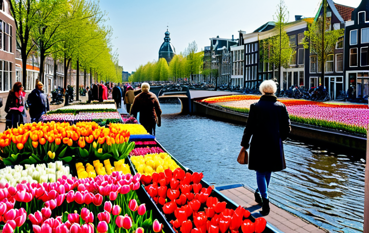 **
A vibrant, colorful photograph of a flower market in Amsterdam. Tulips of all colors are prominently displayed. In the background, you can see the canals and traditional Dutch houses. People are browsing the flowers, dressed in modern, casual clothing. The overall feeling is cheerful and lively. Appropriate attire, safe for work, perfect anatomy, natural proportions, professional photography, high quality, bright daylight.
**