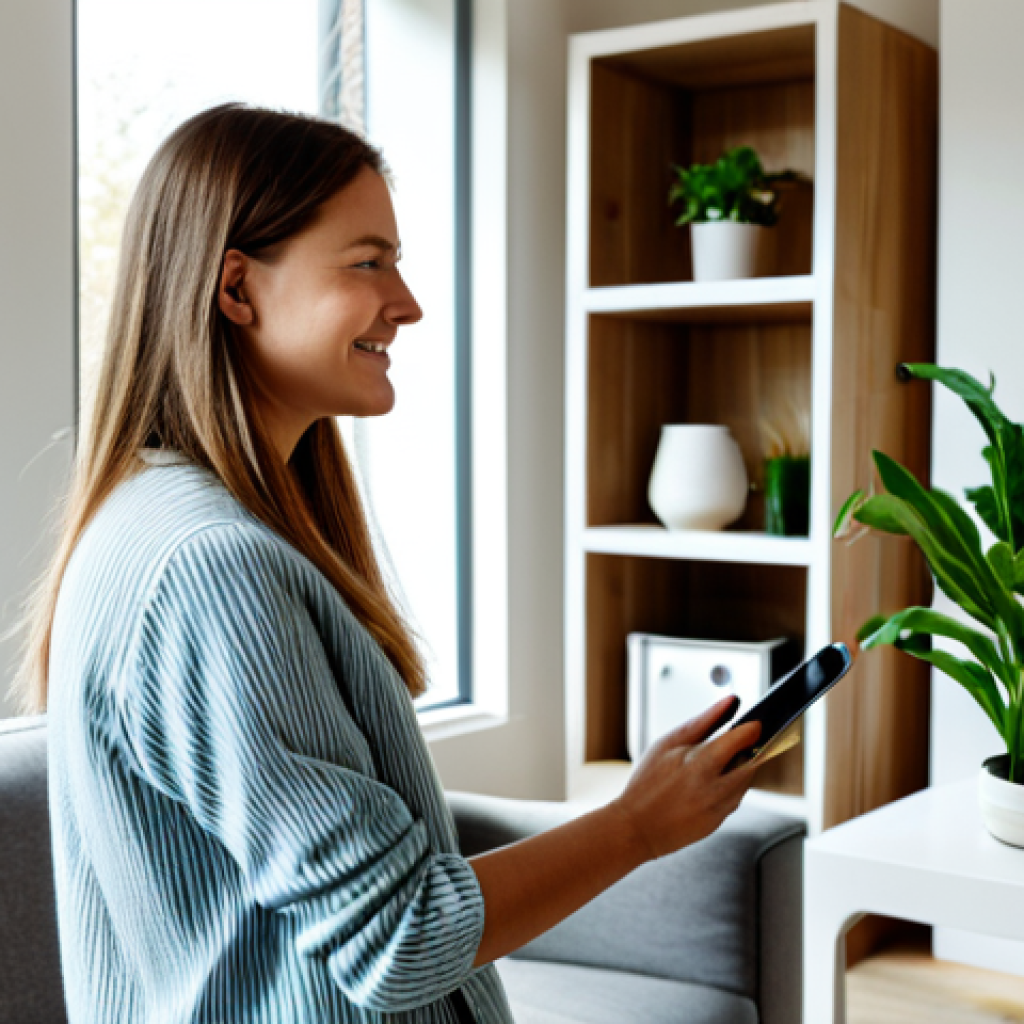 음성 합성 기술과 커뮤니케이션의 미래 - Voice Assistant in a Modern Dutch Home**
"A stylish, fully clothed young woman in comfortable, mode...