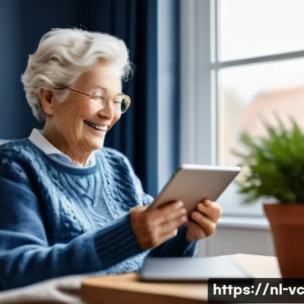 음성 합성 기술의 시장 전망 - A warm and inviting scene showing an elderly Dutch woman sitting comfortably in her cozy living room...