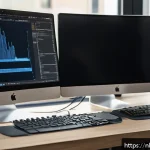 음성 합성 애플리케이션 개발 가이드 - A professional software developer workspace featuring a sleek modern laptop with multiple coding win...