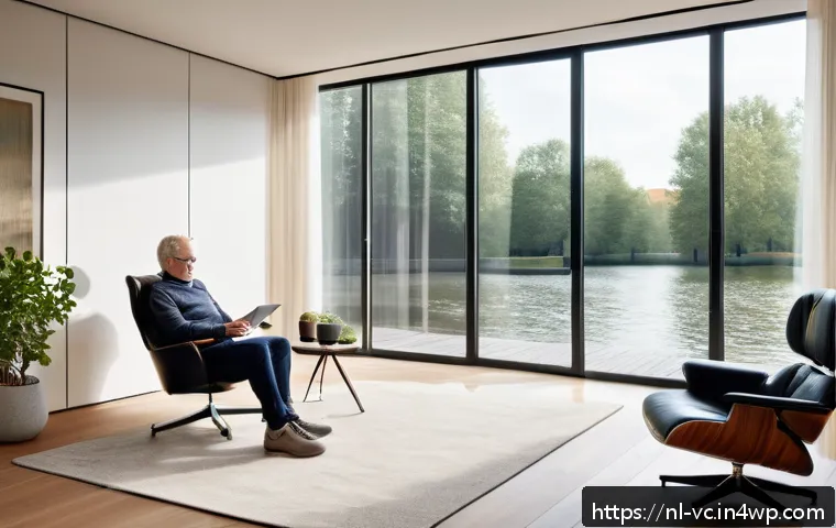 차세대 음성 합성 기술 전망 - A modern Dutch living room scene featuring a middle-aged man with ALS using an advanced speech synth...