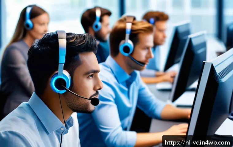 음성 합성 기술의 글로벌 동향 - A modern Dutch call center environment with diverse agents interacting alongside AI-powered voice as...