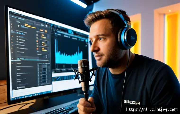 딥러닝 기반 음성 합성의 미래 - Photorealistic modern audio production studio in Amsterdam, Dutch sound engineer wearing headphones ...